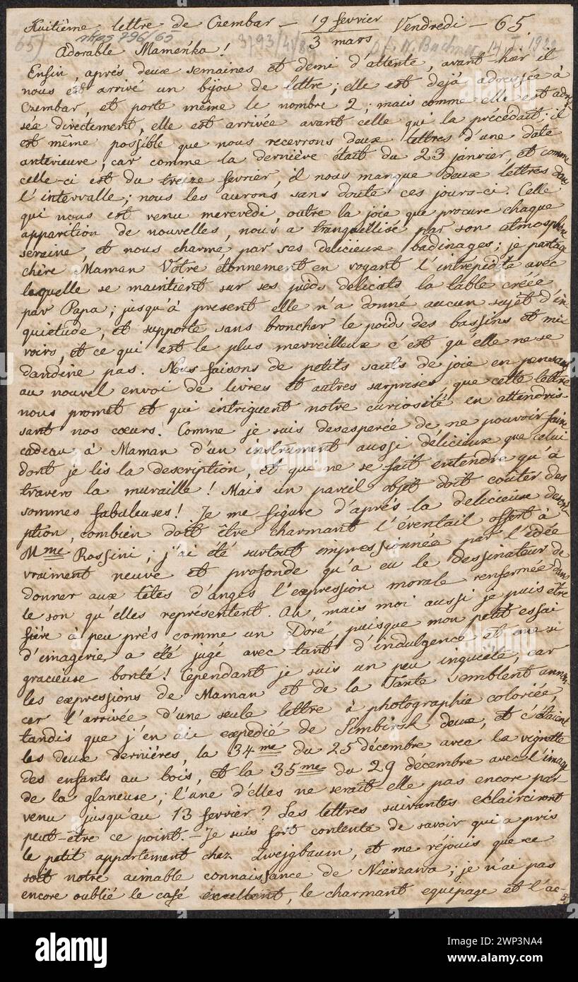 Lettera di Jadwiga Zatywska (Deotymy) e WAC Dziaszewski a Magdalena Poradzewska; Zadzewska, Jadwiga (1834-1908), Dziaszewski, WAC AW (1806-1867); 3.03.1865 (1865-00-00-1865-00-00-00); dar, Buchner Władysław Foto Stock