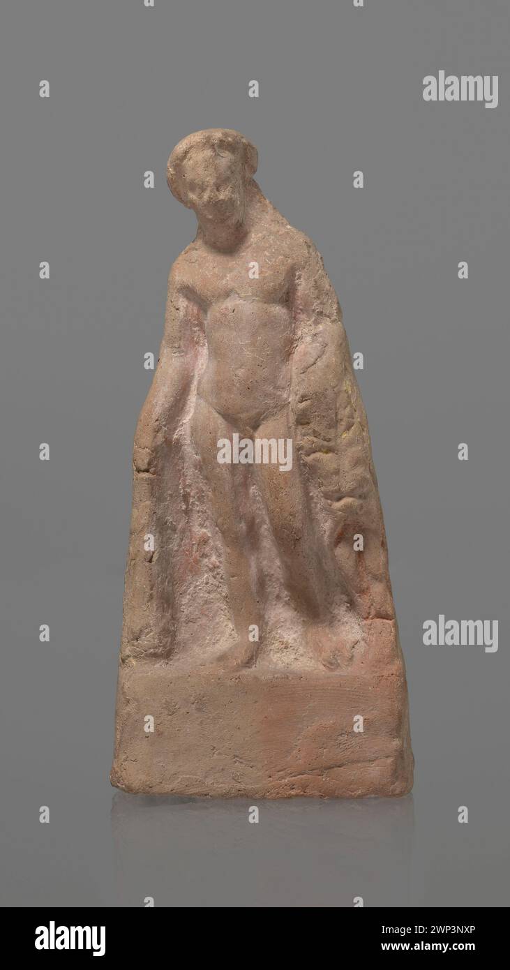 Questa statuetta in terracotta di Eracle del II-i secolo a.C. raffigura l'eroe in posa tipica, evidenziando la forma muscolare e gli attributi iconografici. Foto Stock