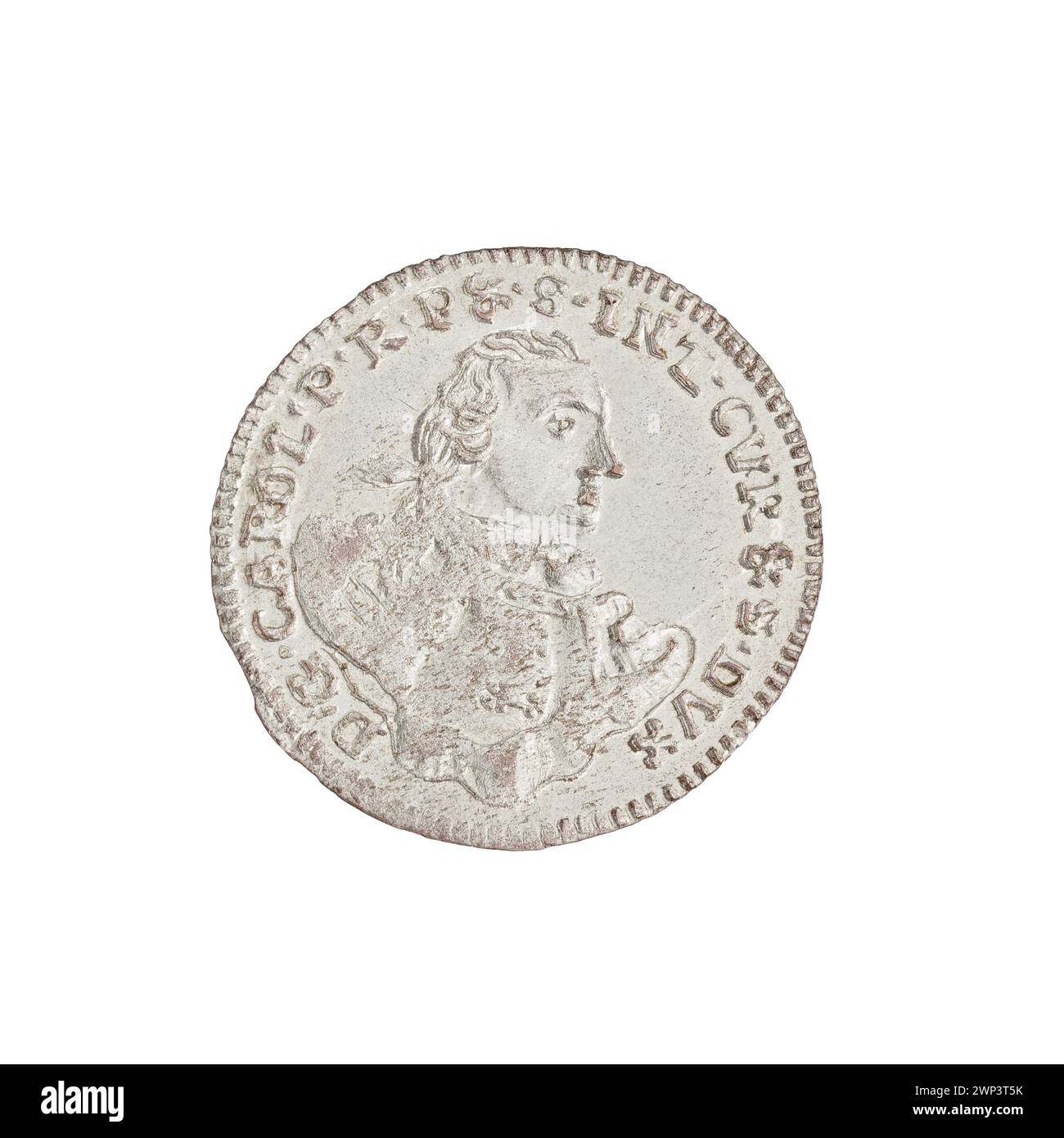 Un penny di 1762 emesso sotto Karol Christian Saski di Curlandia e Semigallia, prodotto da Konrad Henryk Schwerdtner, con caratteristiche tipiche della moneta europea del XVIII secolo. Foto Stock