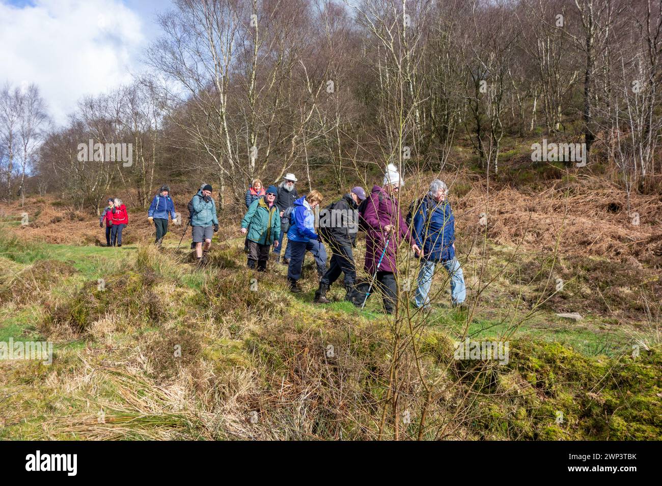U3A gruppo a piedi che si esercita a piedi sulla Biddulph Moor nello Staffordshire Moorlands Inghilterra Regno Unito Foto Stock