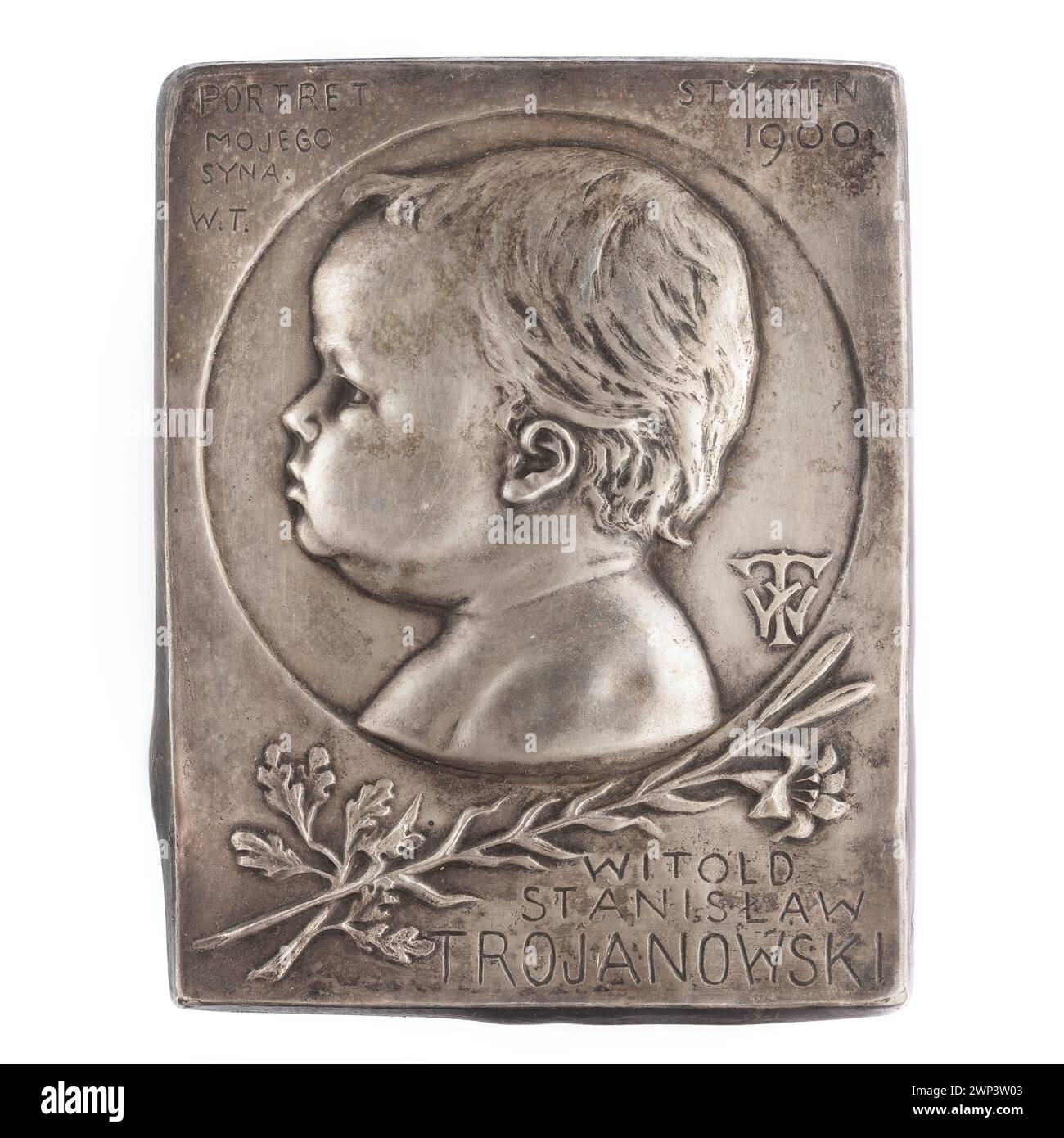 Placca in stile secessione del 1900 di Wincenty Trojanowski raffigurante suo figlio Witold Stanisław, conservata nella collezione Partage Plus. Foto Stock