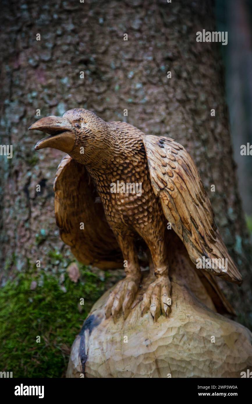 Figura lignea di un corvo nella "foresta infestata" (Zauberwald Scheiben) - Waldviertel, Naturpark Scheiben (Bad Großpertholz) Foto Stock