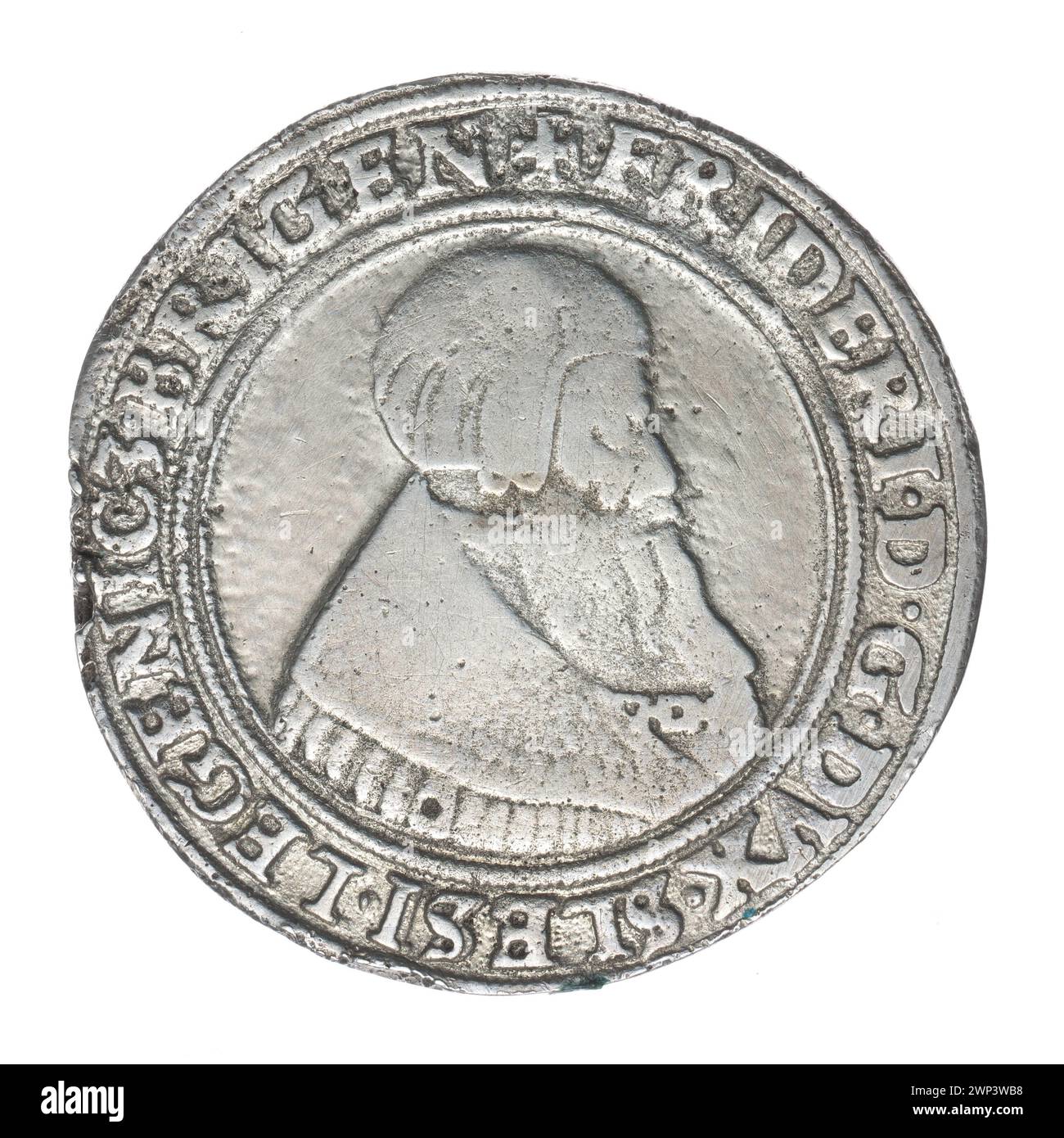 Copia del XIX secolo del tallero del 1541 raffigurante Fryderyk II, principe di Brzesko-Legnica (1480-1547), con busto in armatura, stemma e simboli della famiglia Piast, che mostrano vedute en face e profilo. Foto Stock