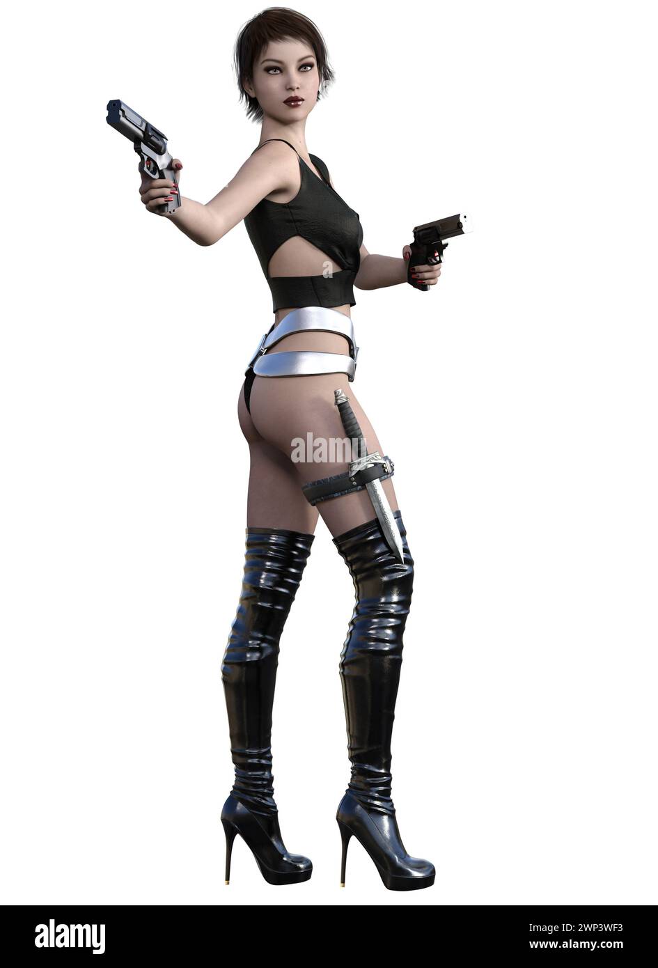 donna futuristica in abito nero, armata di pistole, rendering 3d, scenario fantascientifico Foto Stock