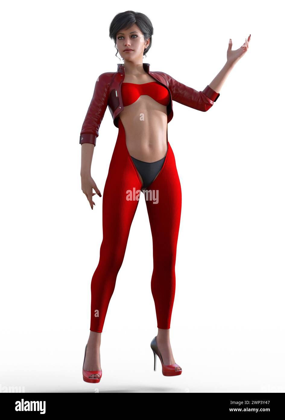 donna futuristica con abito e scarpe rosse, rendering 3d. Foto Stock