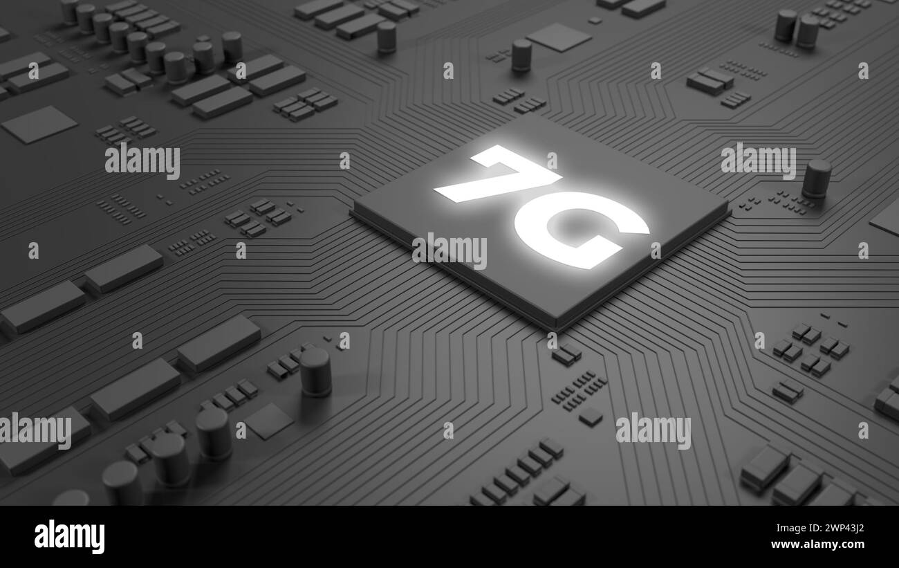 Chip 7G. Chip grigio scuro sulla scheda a circuito stampato. Background tecnologico. rete 7g. illustrazione 3d. Foto Stock