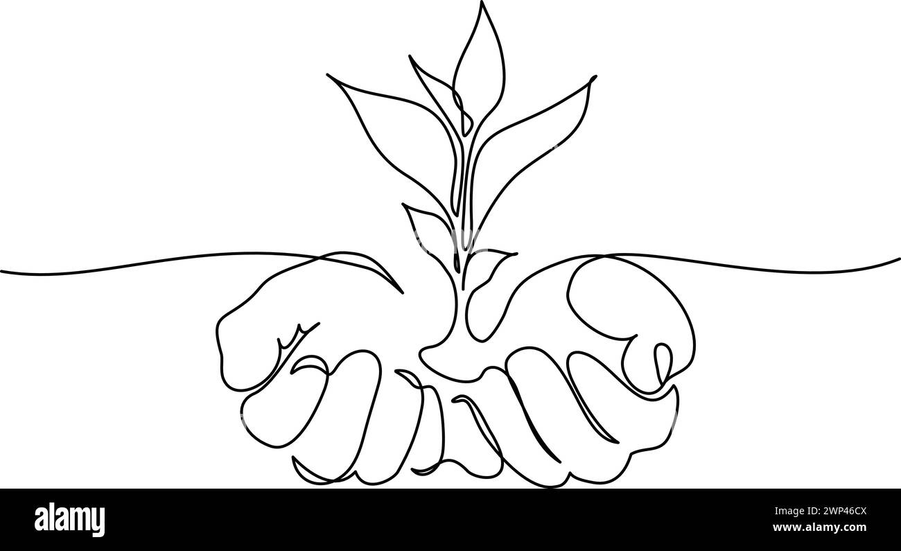 Le mani tengono germoglio di pianta. Disegno continuo su una linea. Illustrazione Vettoriale