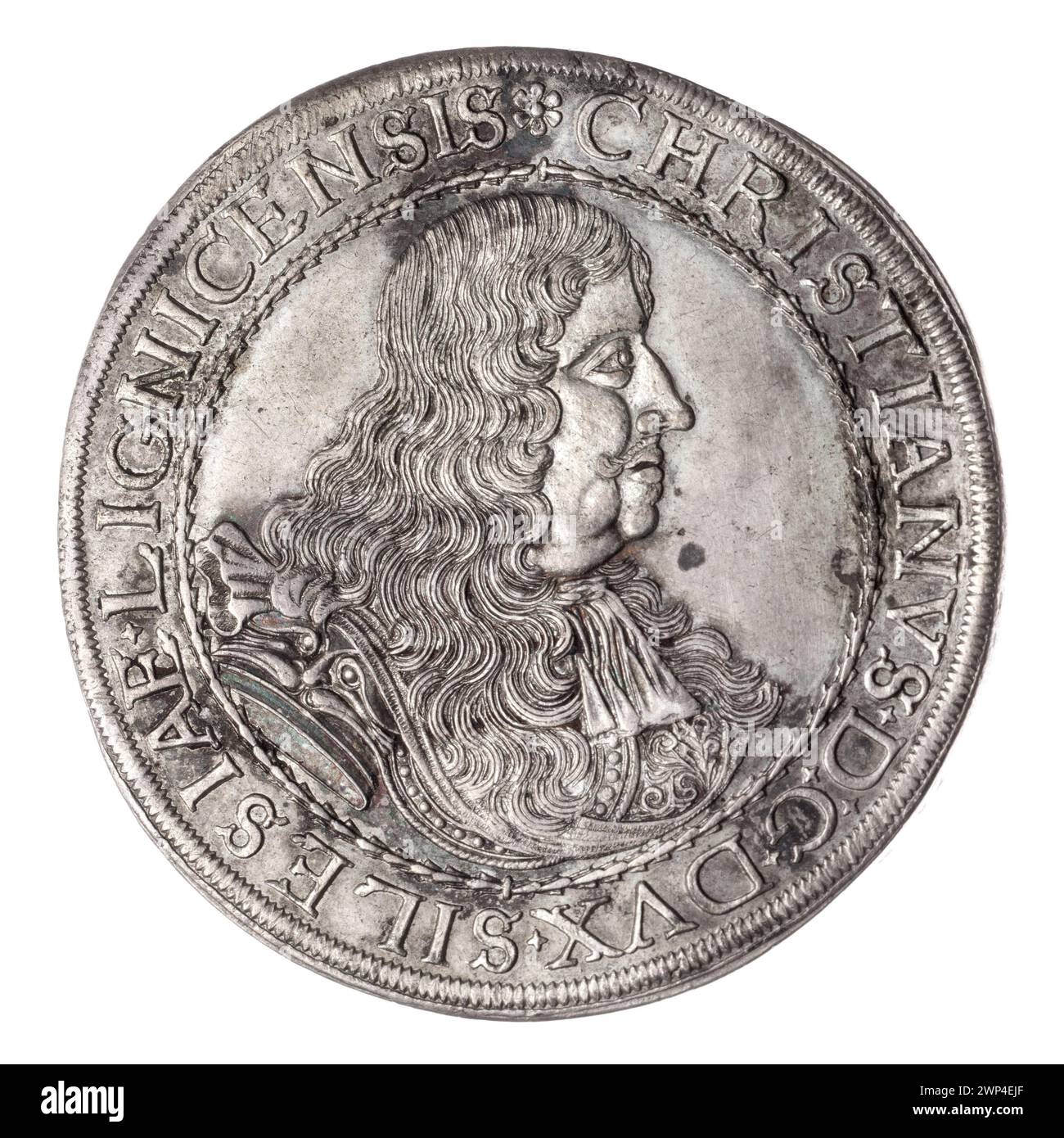 tallero; Christian (KSI Brzesko-Legnicka-Wośowski; 1618-1672), Brettschneider, Christoph (FL. 1637-1714); 1671 (1671-00-00-1671-00-00);Cristiano (Principe di Brest-Legnicki-Wołowski-1618-1672), Cristiano (Principe di Brest-Legnicko-Wołowski-1618-1672)-iconografia, Piastów (famiglia), lettere, lettere CBS, Aquila slesiana (iconogr.), aquile, busto, busto da uomo, corazze maschili, busti del sovrano, busto del sovrano a destra, busti del sovrano in armatura, ritratti, uomini , messaggio (provenienza) Foto Stock