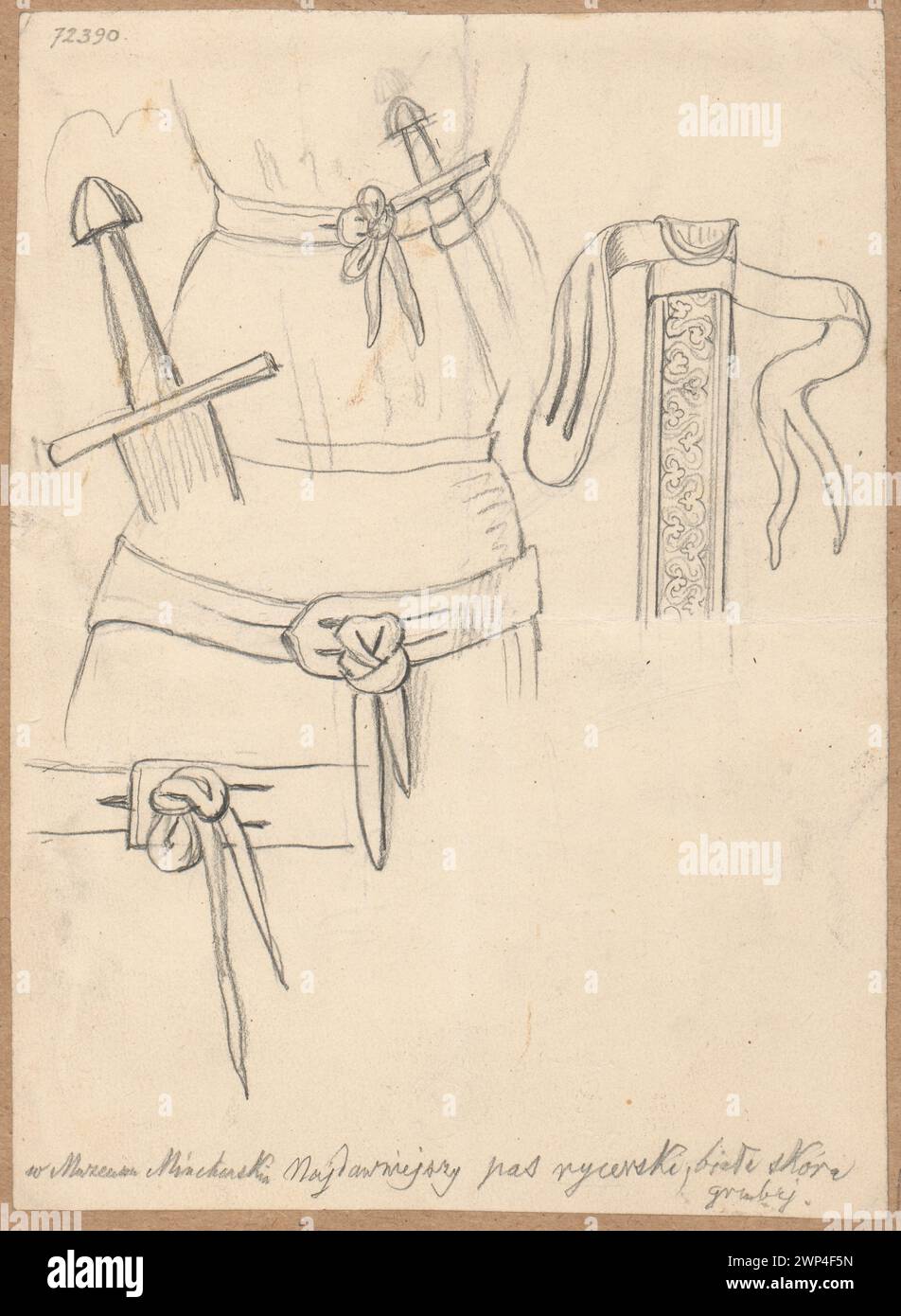 Cintura di spada e cavaliere con uno schizzo verso di una cornice ovale decorativa, documentata da Aleksander Lesser, XIX secolo, che rappresenta equipaggiamento militare, accessori cavallereschi e schizzi artistici. Foto Stock