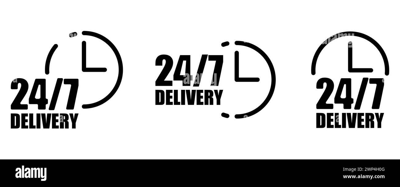 24/7 icona di consegna. Tre segni. Simbolo dell'orologio. Elemento freccia. Concetto di servizio. Illustrazione vettoriale. Immagine stock. EPS 10. Illustrazione Vettoriale