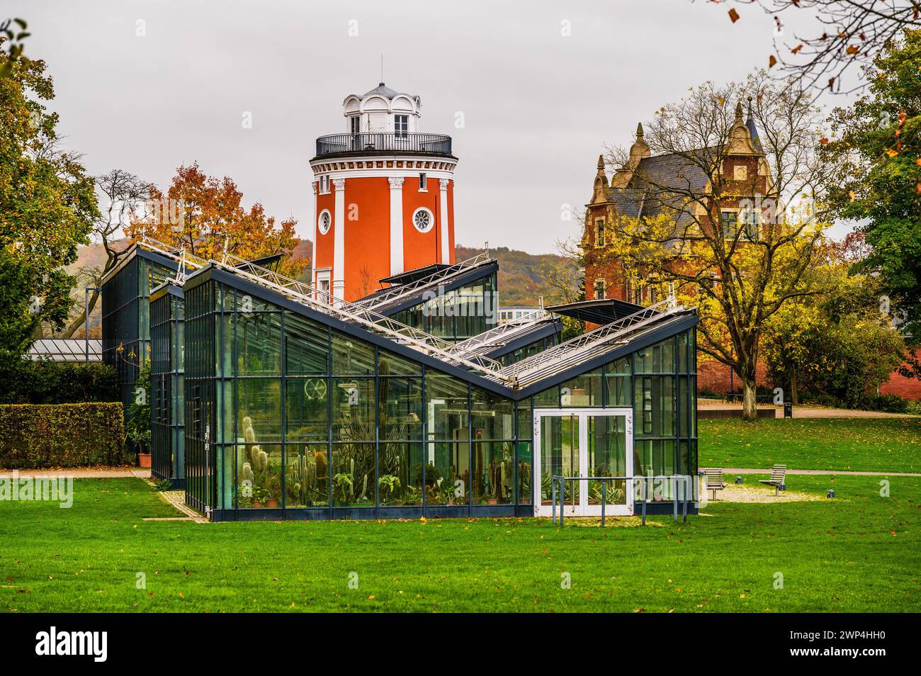 Un edificio in vetro con una suggestiva torre rossa sullo sfondo, circondato da un parco autunnale, Giardino Botanico, Hardt, Elberfeld, Wuppertal, nord Foto Stock