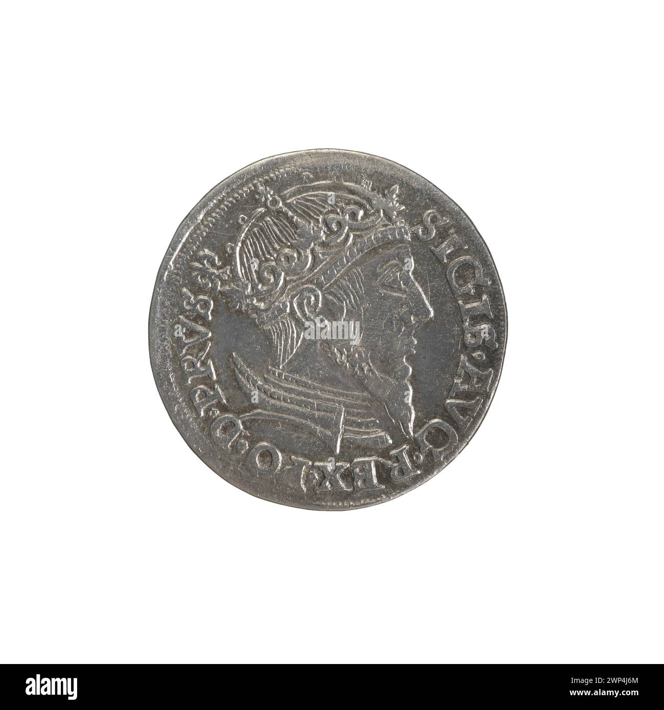 Moneta Trojak coniata a Gdańsk nel 1557 durante il regno di Zygmunt II August, re di Polonia, mostrando le caratteristiche standard delle monete polacche del XVI secolo. Foto Stock