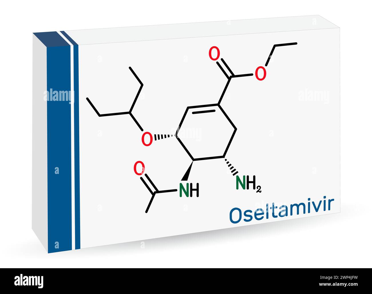 Molecola del farmaco antivirale oseltamivir. Formula chimica scheletrica. Imballaggio di carta per farmaci. Illustrazione vettoriale Illustrazione Vettoriale