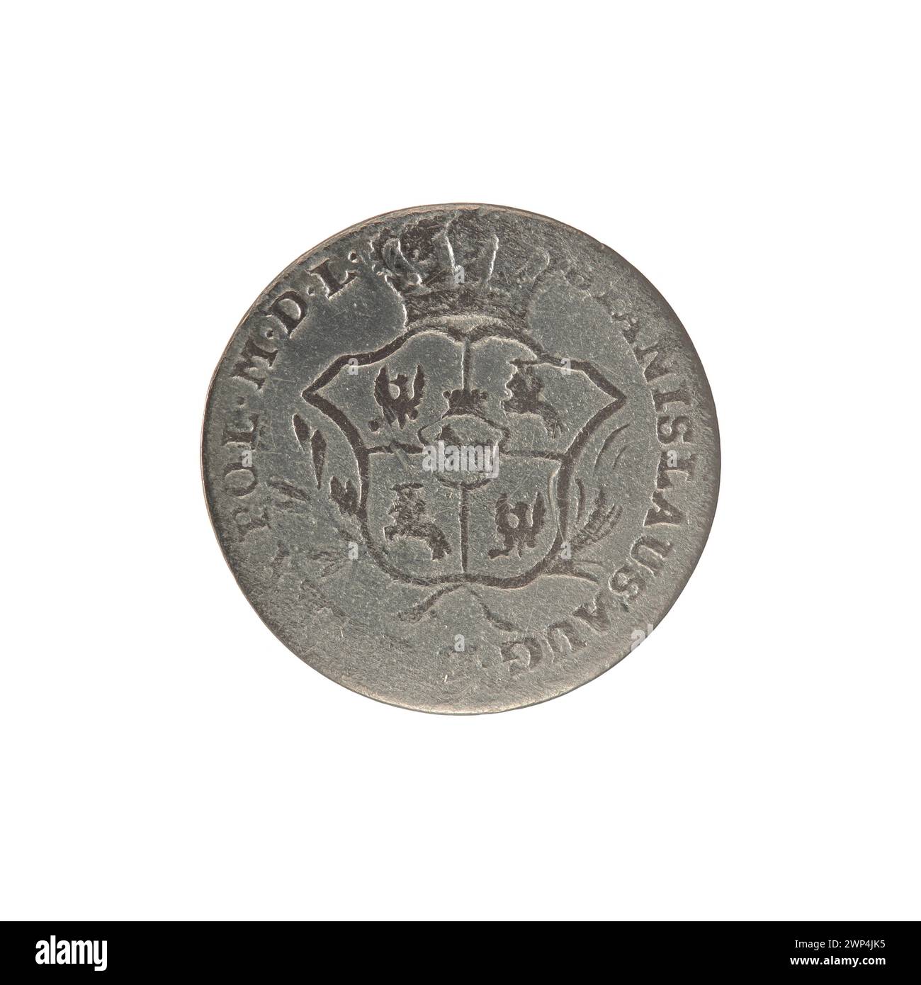 Moneta d'argento da 2 grosze coniata nel 1769 per re Stanisław August Poniatowski, prodotta alla zecca di Varsavia da Justin Schröder, con emblemi reali e segni di taglio. Foto Stock