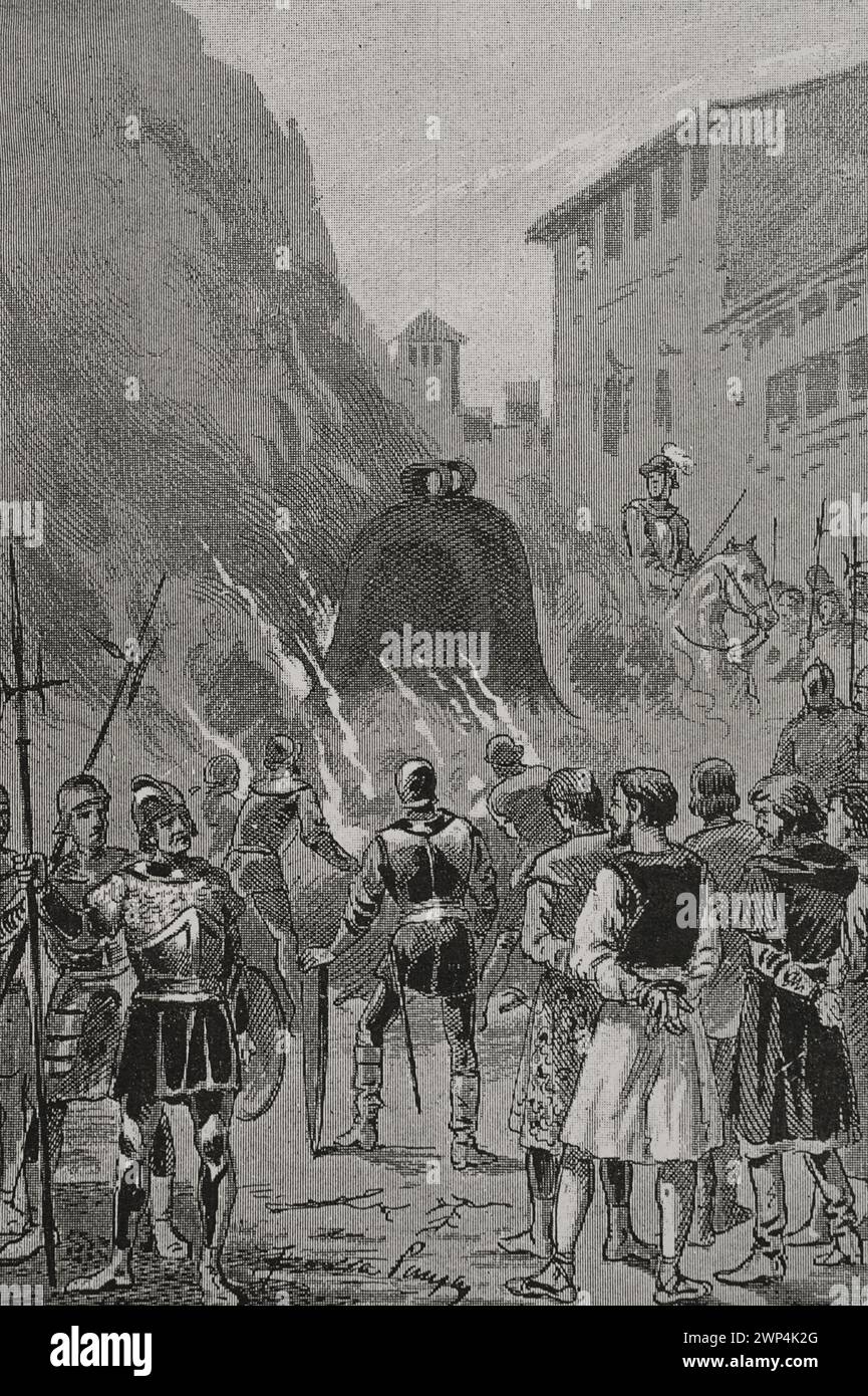 Pietro IV d'Aragona (1319-1387), il Ceremonioso. Re d'Aragona, Valencia e Maiorca le truppe di Pietro il Ceremonioso combatterono contro gli unionisti valenciani nel 1348, sconfiggendoli e conquistando la città di Valencia. Dopo aver soppresso la ribellione, Pietro IV ordinò di sciogliere le campane che erano state usate per chiedere che gli insorti fossero reclutati, costringendoli a bere il liquido fuso come punizione. Incisione di Serra Pausas. "Glorias Españolas" (Glorie di Spagna). Volume II Pubblicato a Barcellona, 1890. Foto Stock