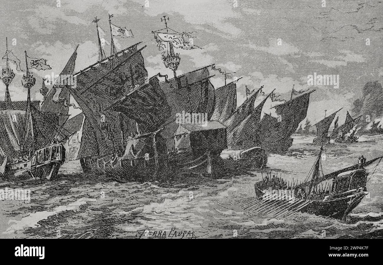 Medioevo. Controllo commerciale del Mediterraneo. Isola di Sardegna. Battaglia navale di fronte ad Alghero tra catalani, veneziani, genovesi e sardi. Incisione di Serra Pausas. "Glorias Españolas" (Glorie di Spagna). Volume II Pubblicato a Barcellona, 1890. Foto Stock