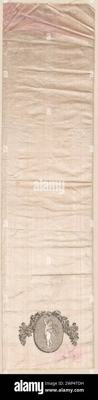 stampa in tessuto del xix secolo con un frammento di vignetta con un cucciolo, eseguita su nastri, che rappresenta le tecniche di decorazione tessile. Foto Stock