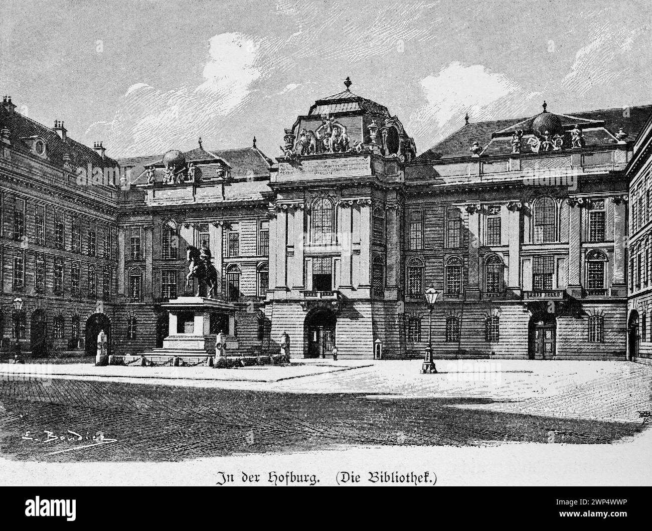 Vienna, biblioteca del Palazzo Imperiale Hofburg, vista esterna, piazza, monumento, facciata, architettura, Austria, illustrazione storica 1890 Foto Stock