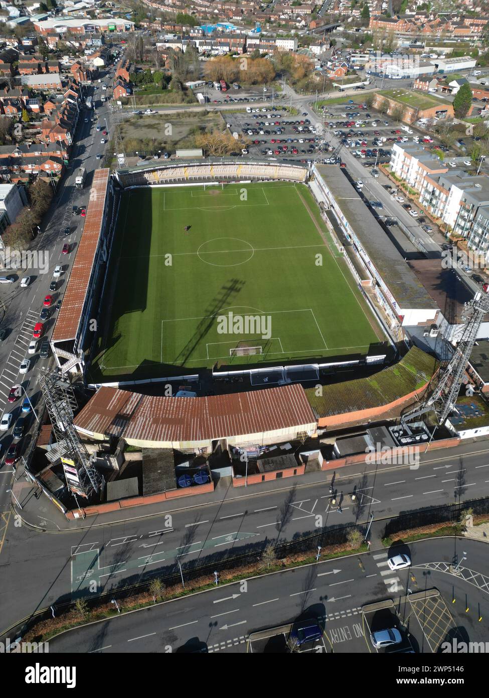 Vista aerea dell'Hereford Football Club Ground a Edgar Street, Hereford Herefordshire Regno Unito, ripresa nel marzo 2024 Foto Stock