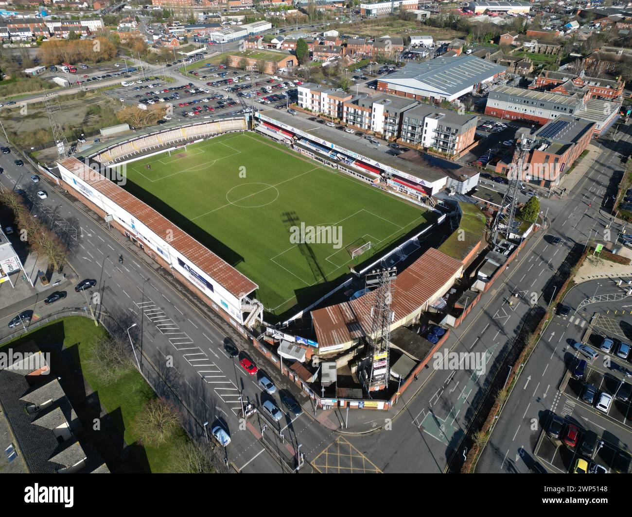 Vista aerea dell'Hereford Football Club Ground a Edgar Street, Hereford Herefordshire Regno Unito, ripresa nel marzo 2024 Foto Stock