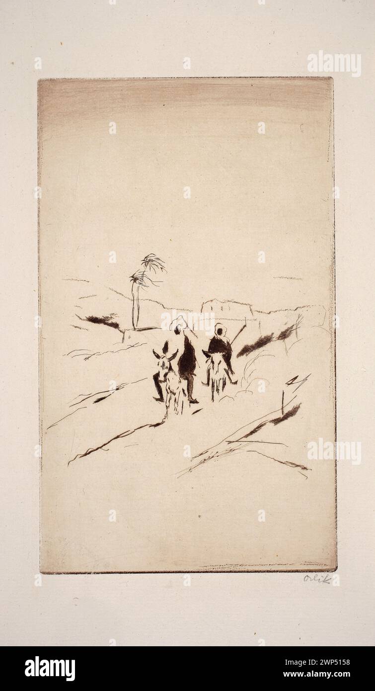 In questo dipinto di Emil Orlik del 1912, due viaggiatori beduini cavalcano un asino attraverso un paesaggio desertico. L'opera riflette lo stile modernista e le scene culturali. Foto Stock
