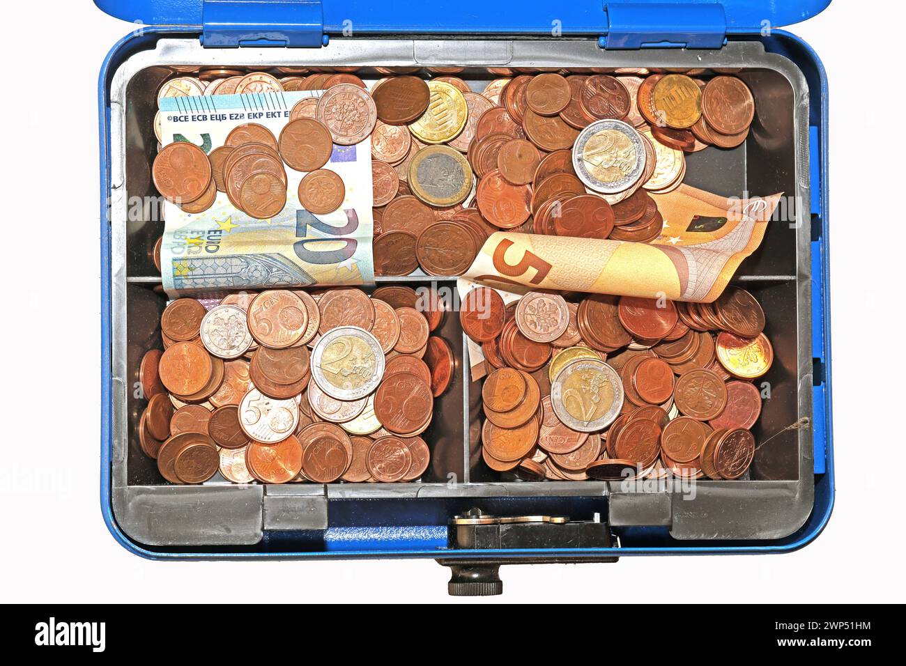 Aufbewahren von Bargeld BEARBEITET: Geldscheine und Centmünzen in einer blauen Geldkassette *** immagazzinando banconote PROCESSATE e monete da cent in una cassa blu Foto Stock