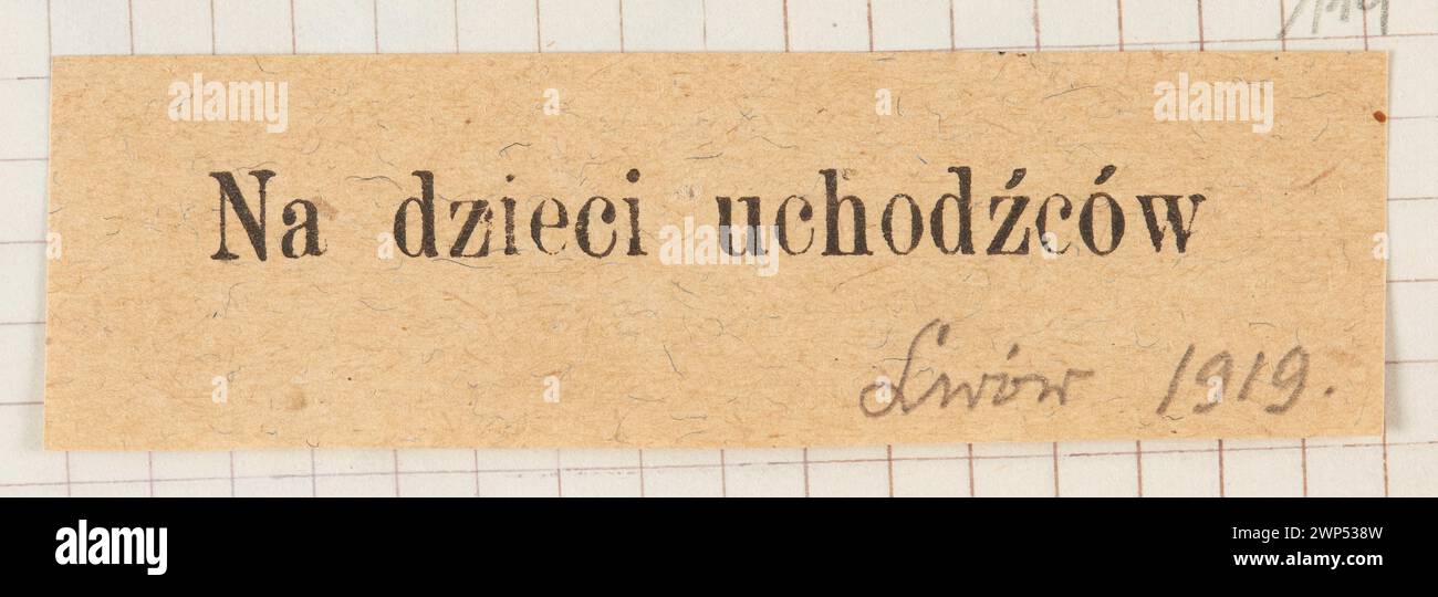1919 stampa di casi creata per i figli dei rifugiati, che funge da documento stampato con elementi di testo ed elementi grafici. Foto Stock