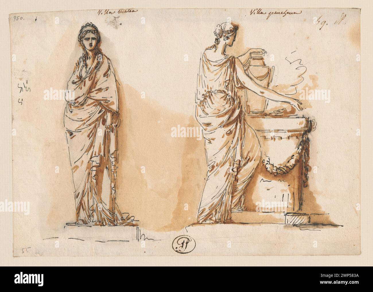 Un disegno francese pre-1779 di André-Jean le Brun che mostra studi su antichi fiumi con donne e sculture antiche, concentrandosi sul paesaggio e le forme classiche. Foto Stock