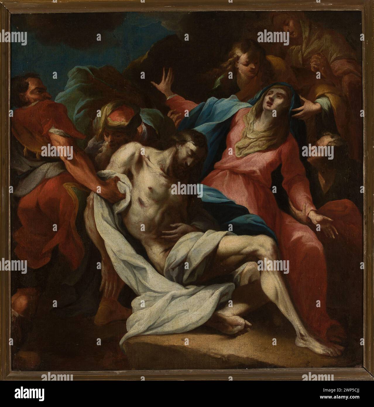 Questo dipinto religioso austriaco del XVIII secolo raffigura la Crocifissione, tra cui scene bibliche, evangeliche e figurative con motivi di morte. Foto Stock