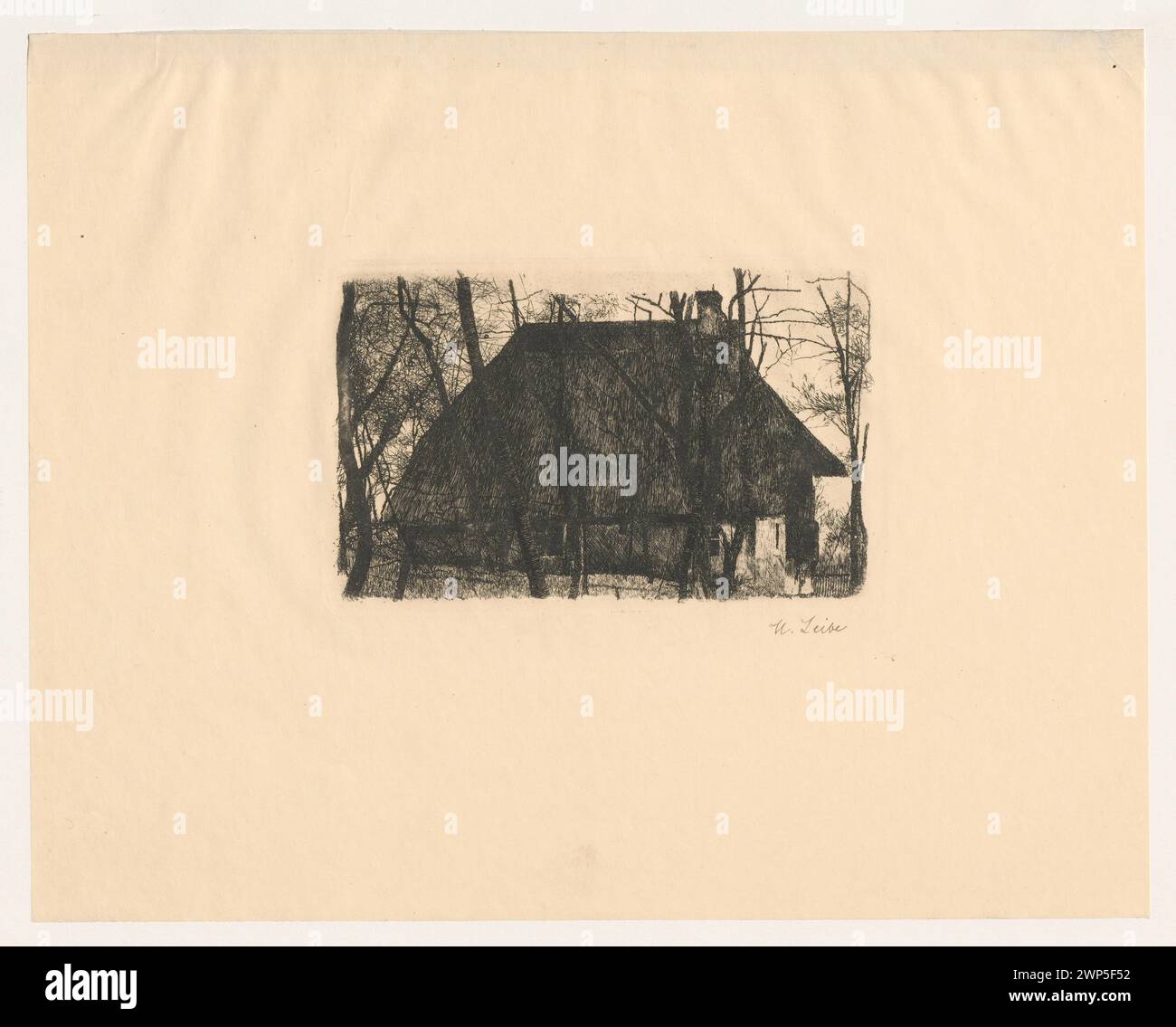 Il lavoro di Wilhelm Leibl e Carl Sachs mostra case rurali e capanne tra alberi in paesaggi modernisti, creati tra il 1875 e il 1890, conservati in collezioni tedesche. Foto Stock