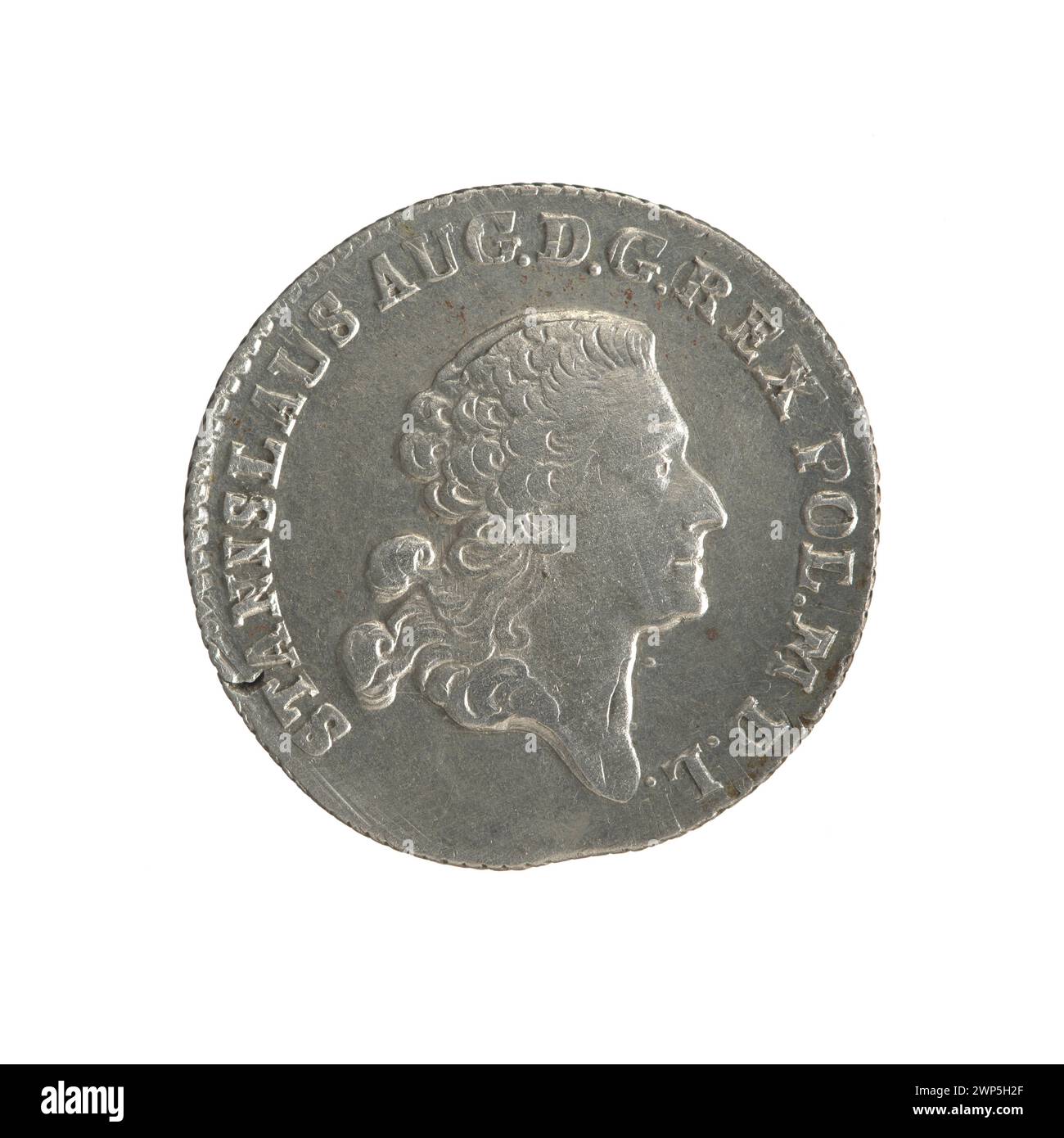 Moneta numismatica che mostra l'incoronazione di re Stanisław August Poniatowski (1764-1795), coniata nel 1767 da Fryderyk Wilhelm Sylm, con ritratto reale e testo. Foto Stock