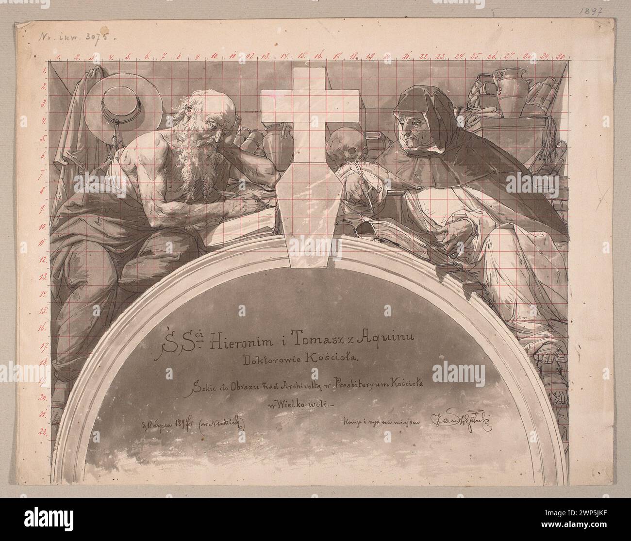 Hieronim e Thomas Aquinas. Progetto policromo per la chiesa in parata Strza Ecki, Jan Micha (1837 CARS 1838-1919); 1897 (1897-00-00-1897-00-00); Hieronim (St. - CA 340 -CA 420), Paradyż (Voivodato di Łódź), Strzałecki, Jan Michał (1838-1919) - collezione, Tomasz di Aquinas (St. - 1225-1274), Wielka Wola (voivoivoivodeship di Łódź, Opocardance), Bernukni (ordine) domenicani (ordine), libri, scrittura, progetti policromi, traduttori, chiese interni, santi Foto Stock