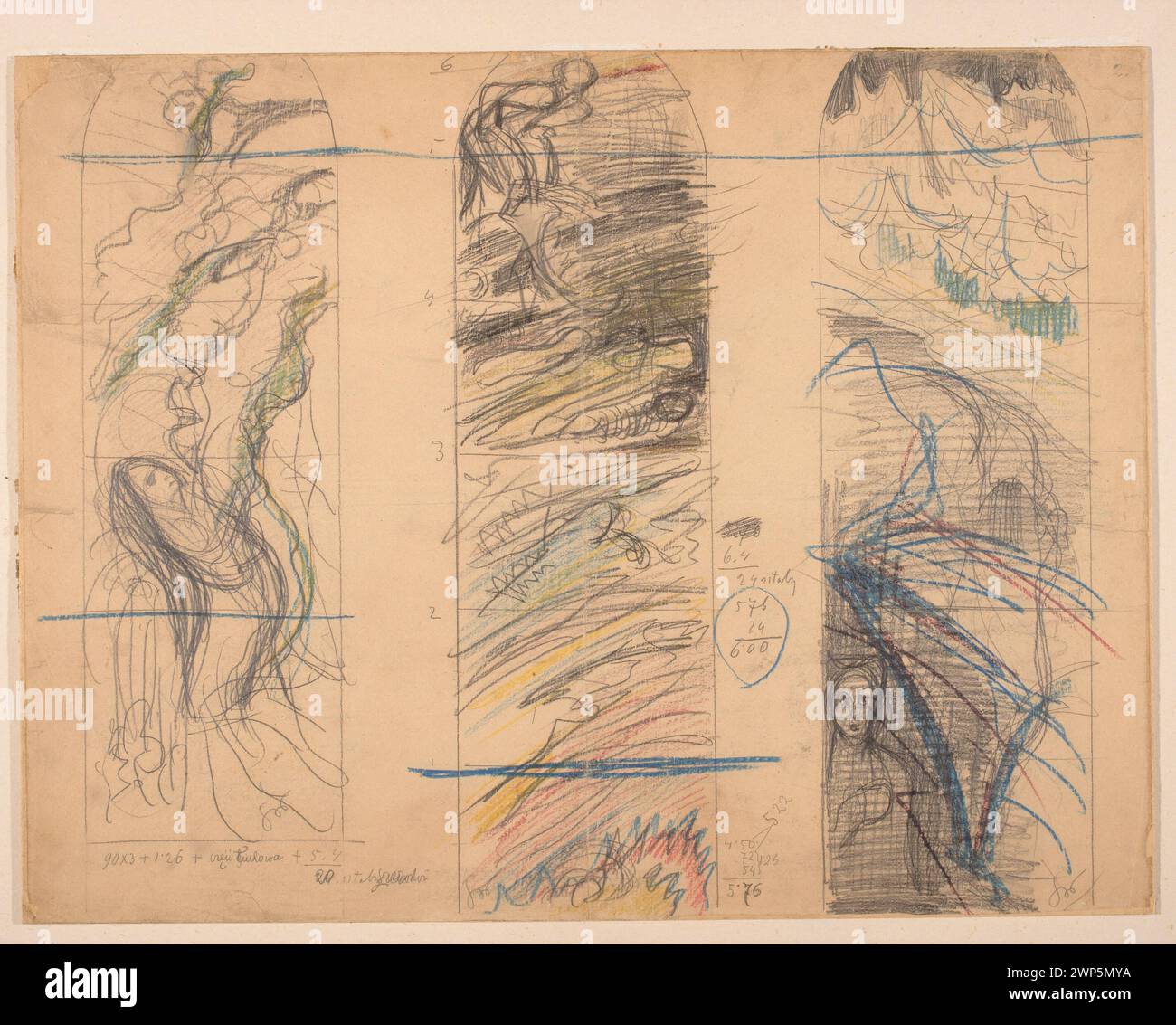 Un progetto concettuale del 1899 di Stanisław Wyspiały per le vetrate colorate, compresi gli schizzi di progetto conservati nella collezione di Stefan Durski. Foto Stock