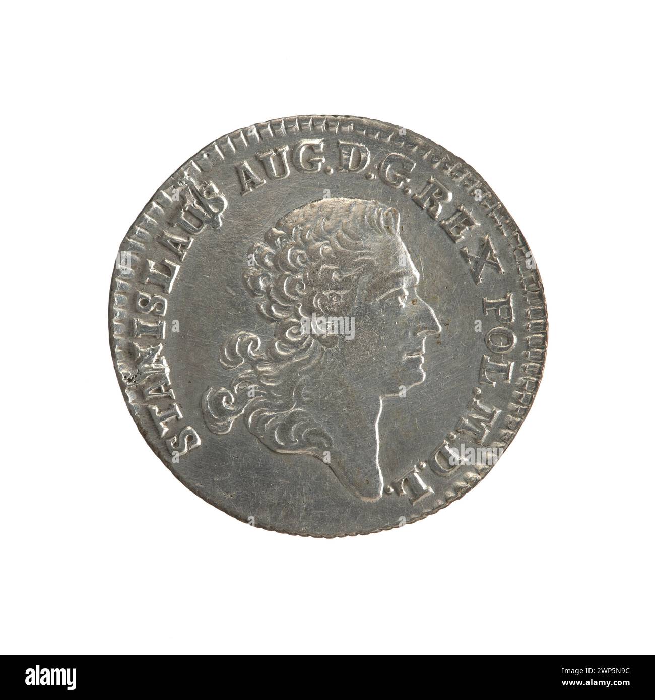 Moneta che mostra l'incoronazione di re Stanisław August Poniatowski (1764-1795), coniata da Fryderyk Wilhelm Sylm nel 1767, con effigie reali e iscrizioni. Foto Stock