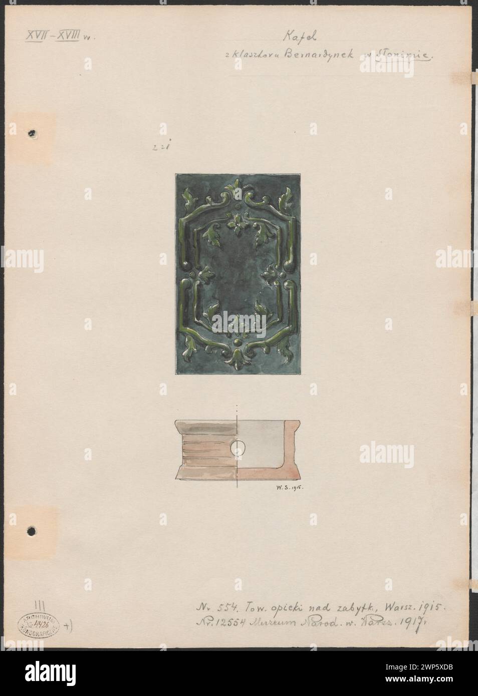 Rosa in piastrelle verdi con ornamento stilizzato del monastero Bernardino di Słonim, XVII/XVIII secolo, documentato nel 1915 da Władysław Sztolcman. Parte della collezione del Museo Nazionale di Varsavia. Foto Stock