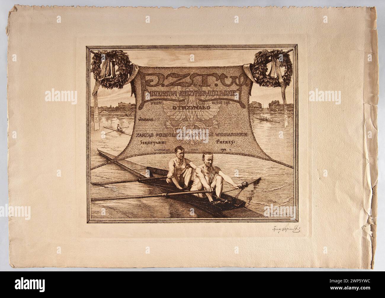 Un diploma del 1924 di Ignacy Care per il Campionato polacco dell'Unione polacca delle società Wioan, con lo stemma dell'Aquila Bianca, le corone d'alloro, i fiumi e i simboli di canottaggio. Foto Stock