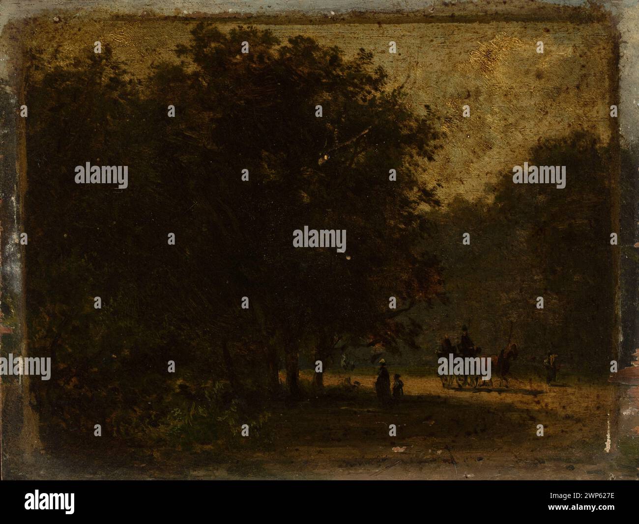 Questa scena del XIX secolo mostra una carrozza trainata da cavalli che si muove attraverso un parco alberato, mettendo in evidenza i paesaggi del parco e i paesaggi naturali. Foto Stock