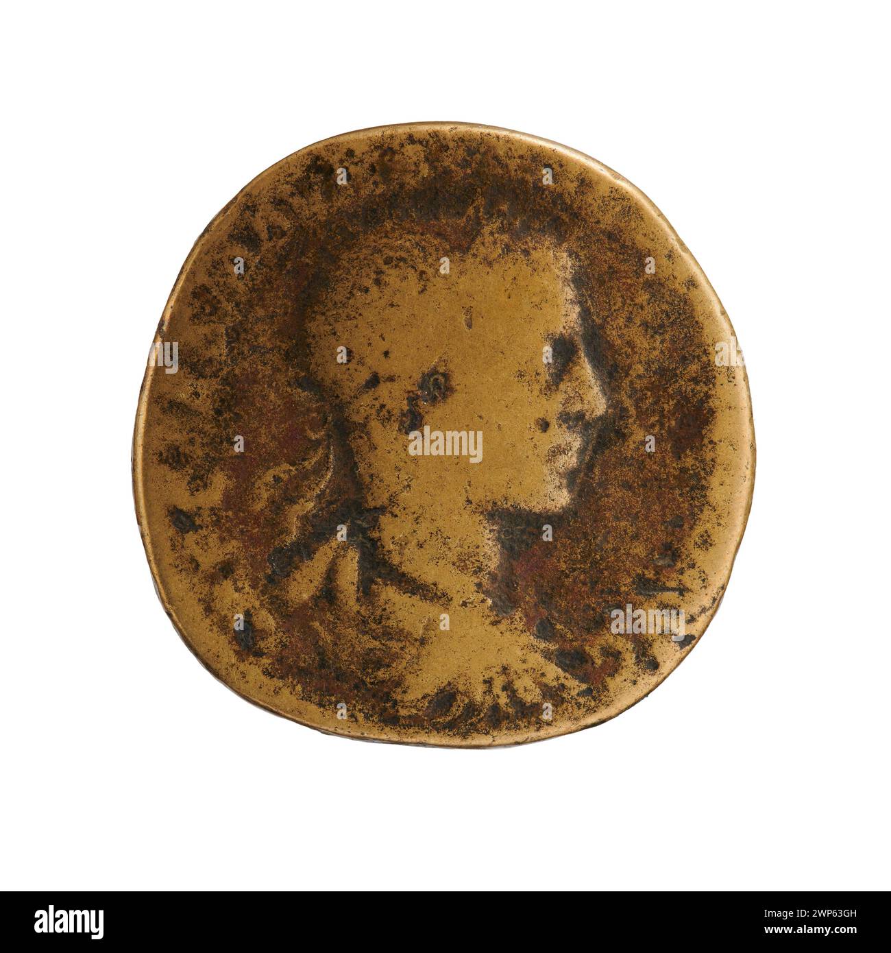 Sesterce di bronzo coniata tra il 222 e il 228 sotto l'imperatore romano Alessandro Severo, che mostra il ritratto imperiale, le iscrizioni e gli standard monetari romani del III secolo. Foto Stock