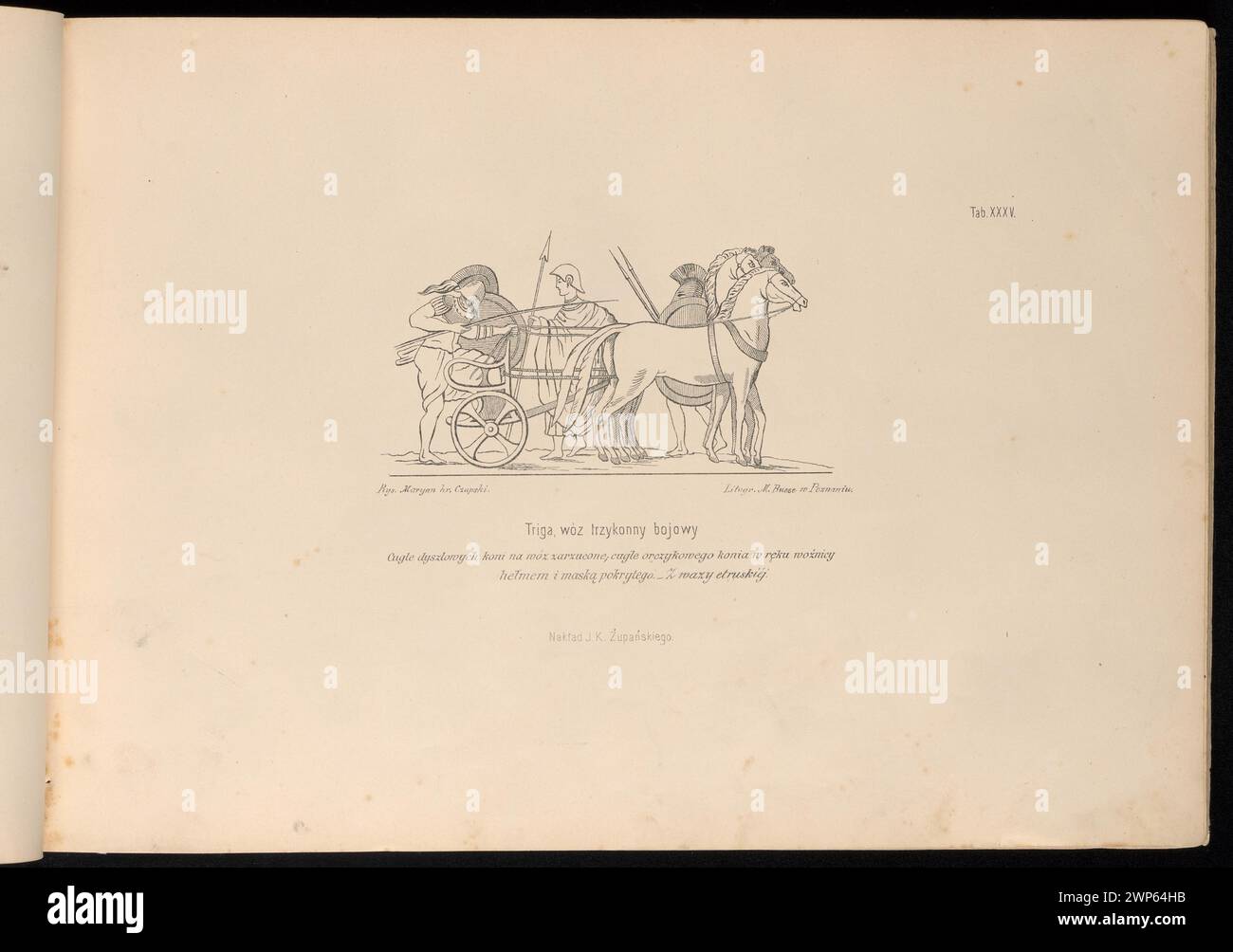 Una litografia del 1876 che illustra una triga, una carrozza da combattimento e spettacolo a tre cavalli, prodotta da Michał Busse a Poznań. Foto Stock