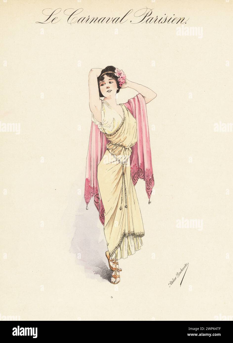 Donna in costume elegante dell'Antica Roma. In diadema con fiori, scialle rosa o palla, stola e tunica gialla, legati con catene fini, sandali in pelle. Romaine. Litografia a colori di Atelier Bachwitz di le Carnaval Parisien (Carnevale parigino), Atelier Bachwitz AG, Vienna, 1925. Foto Stock