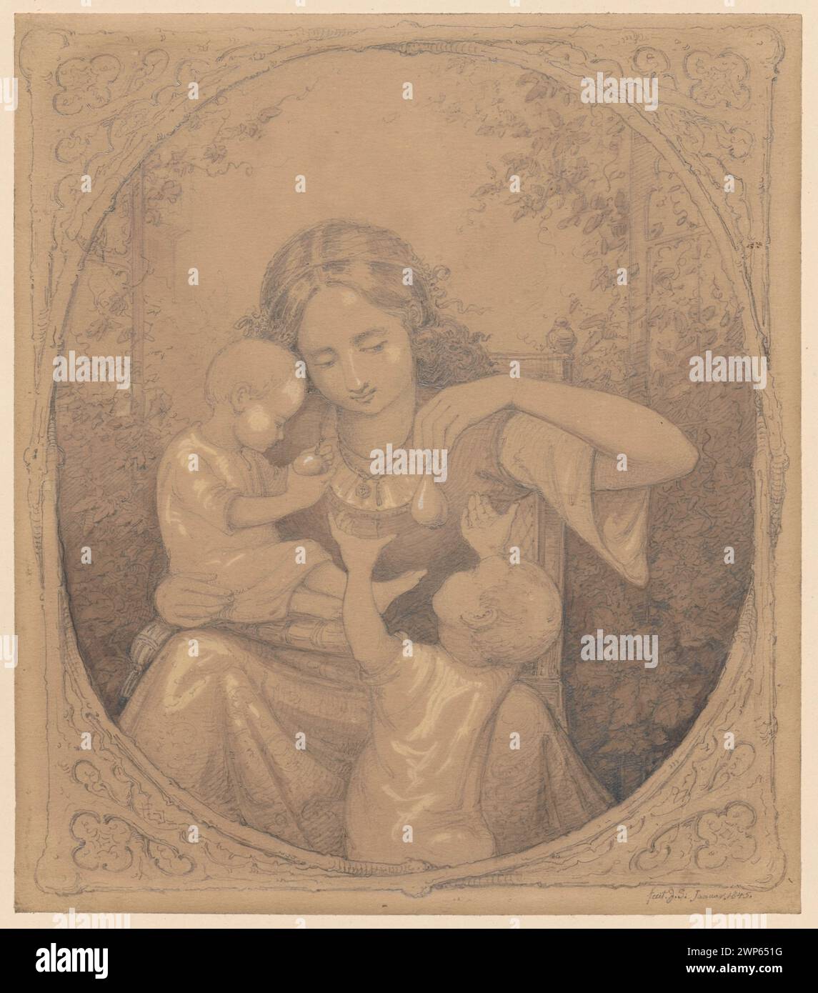Disegno allegorico che rappresenta la Caritas, personificazione dell'amore, di Julius Scholtz nel 1845. Parte della collezione Schlesisches Museum der Bildenden Künste a Wrocław. Foto Stock