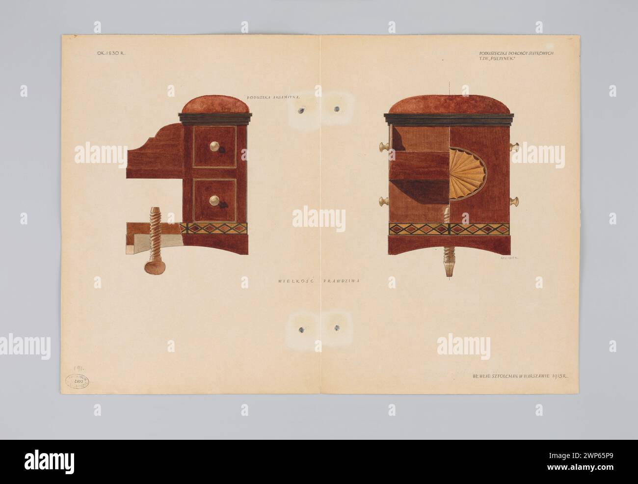 Cuscino ad ago in rete, detto Pultynek, risalente al 1830 circa dalle collezioni di Władysław Sztolcan da Varsavia nel 1915, vista laterale, frontale con sezioni trasversali in scala 1:1; Sztolcman, Władysław Roman (1873-1950); 1915 (non dopo le 16.03.1915) (1916-00-00-00-1916-00-00-00-00-00-00); Foto Stock