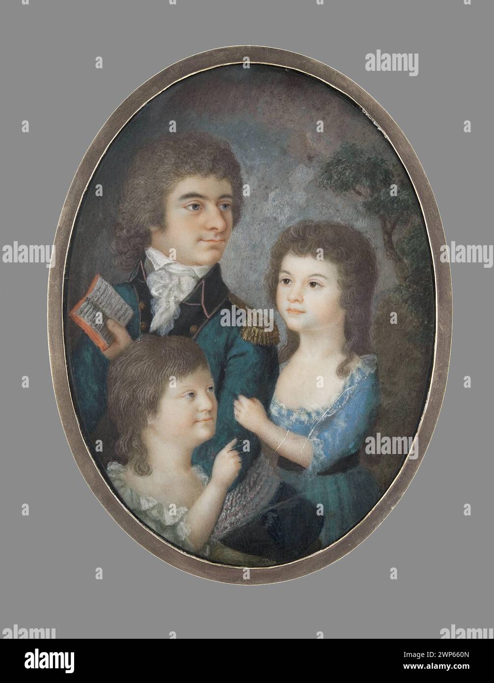 Miniatura di Franciszek Ksawery Olexi Ski (1758-1826) raffigurante Jan Klemens Stanisław Krajewski al grande Sejm nel 1794 con membri della famiglia, mostrando bambini, fratelli, uniformi e ordini, dalla collezione della scuola d'arte Królewska Malarnia, acquistata per acquisto. Foto Stock