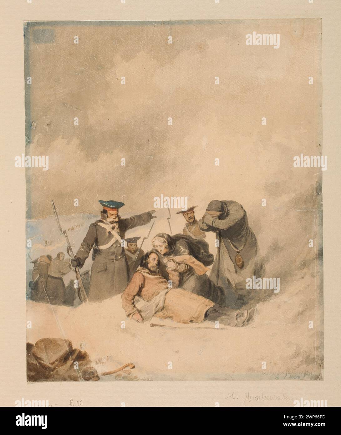 Mier sulla via dell'esilio; verso: Una scena con tre nobili, un progetto di illustrazioni per il poema di Adam Mickiewicz 'Pan Tadeusz'; Maszkowski, Marceli (1837-1862); 1858 (1858-00-00-1858-00-00-00-00);Mickiewicz, Adam (1798-1855). Pan Tadeusz, collezioni d'arte di Stato (Varsavia - 1922-1939), collezioni d'arte di Stato (Varsavia - 1922-1939) - collezione, Pietà (iconogr.), russi, Siberia (Russia), Nicotina, Polonia (cultura), repressione, Russia (cultura), disegni polacchi, esilio (repressione), esiliati, inverno, morte Foto Stock