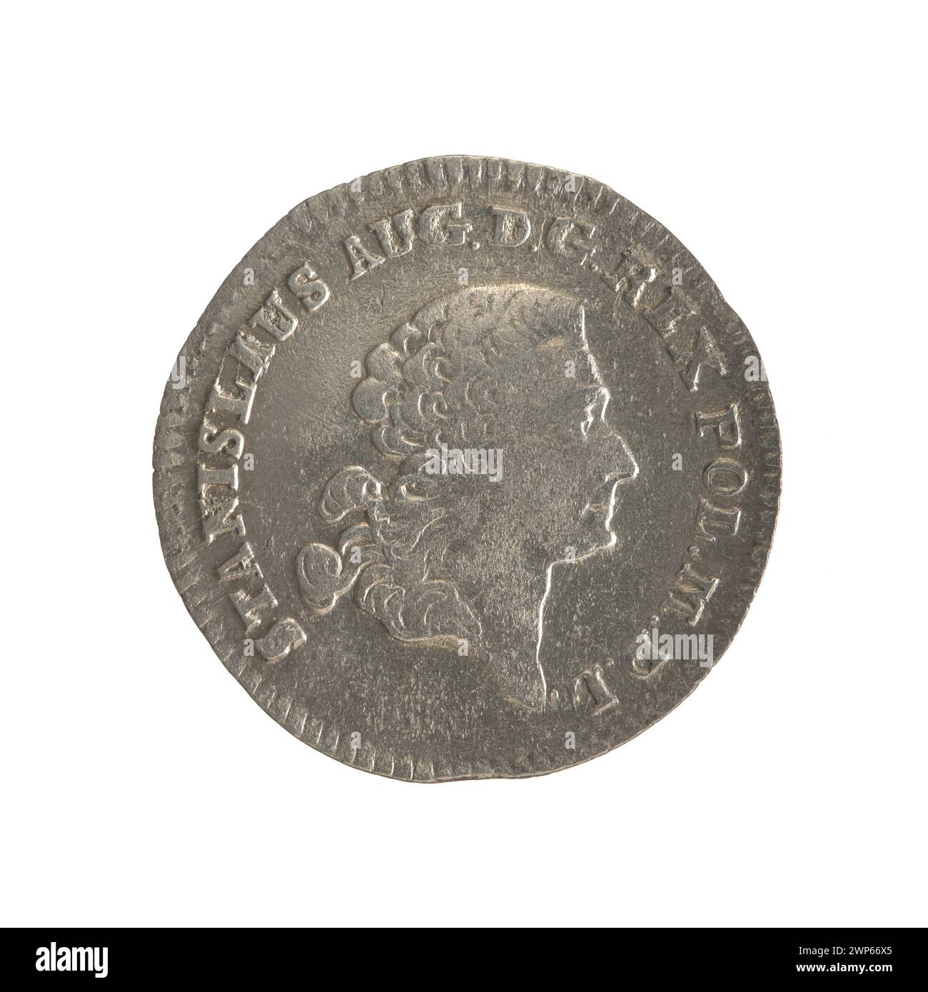 Moneta raffigurante l'incoronazione di re Stanisław August Poniatowski (1764-1795), coniata da Fryderyk Wilhelm Sylm nel 1767, con ritratto reale e iscrizioni. Foto Stock