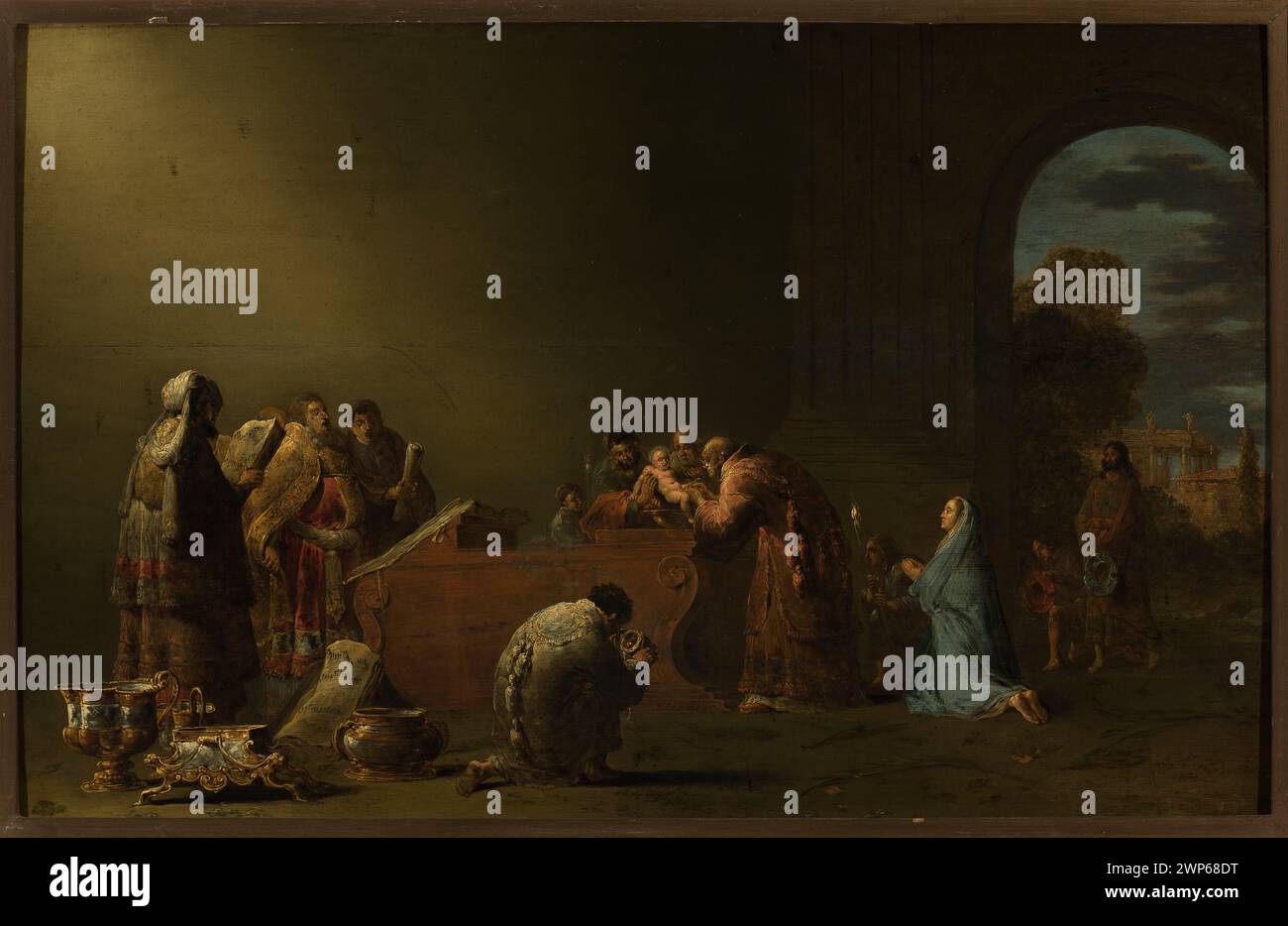 "Circoncisione di Cristo" di Leonaert Bramer, anni '1640, dipinto olandese raffigurante la circoncisione di Gesù Cristo con sacerdoti ebrei, ambientato in una scena biblica. Foto Stock