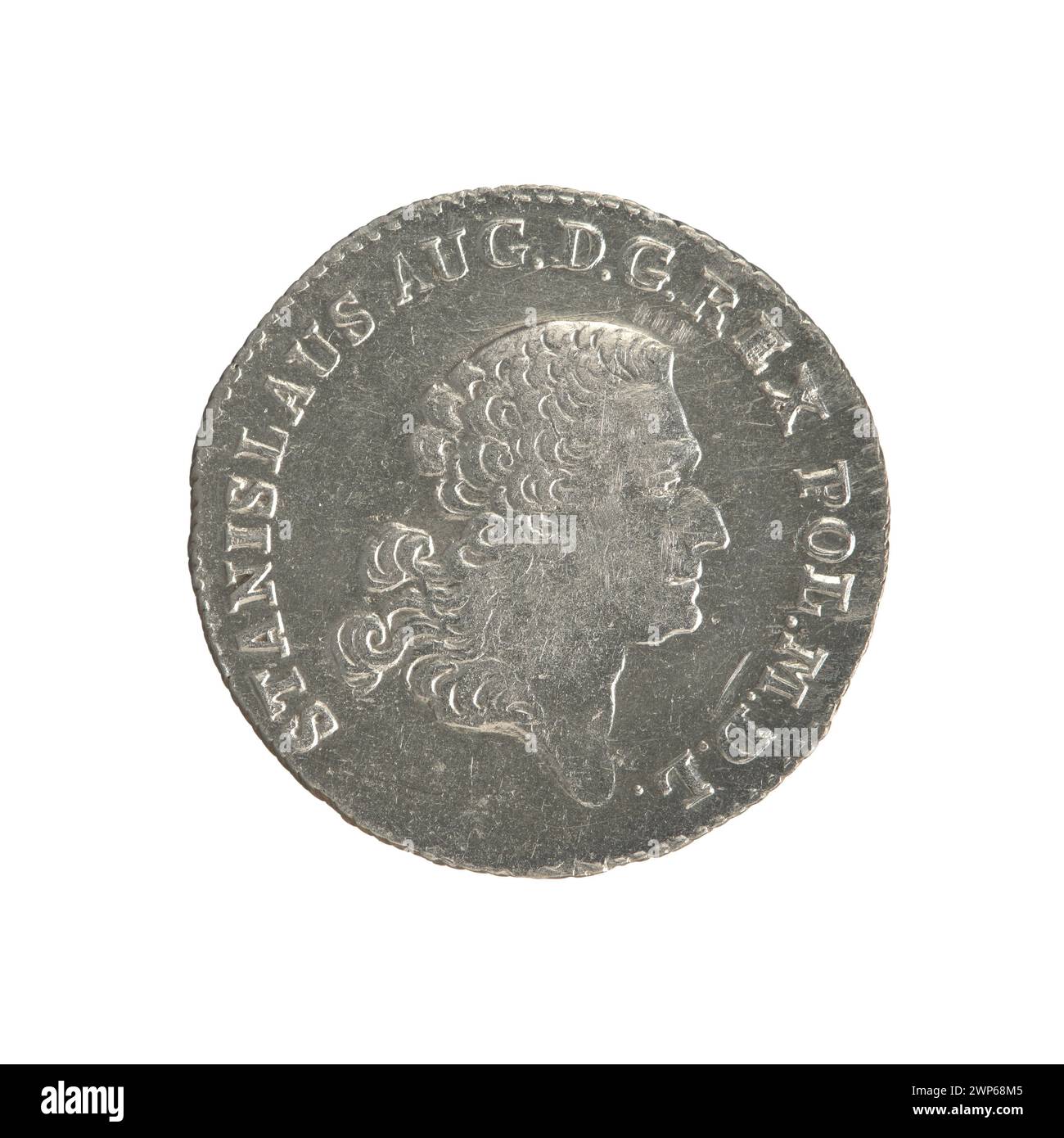 Rappresentazione numismatica dell'incoronazione di re Stanisław August Poniatowski (1764-1795), coniata da Fryderyk Wilhelm Sylm nel 1767, con ritratto e iscrizioni. Foto Stock