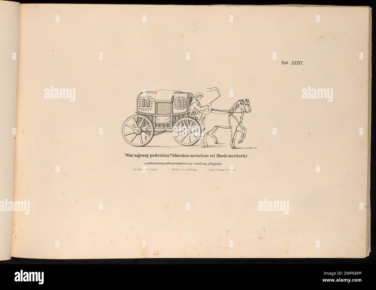 Una stampa litografica del 1876 che illustra l'auto mercenaria di un viaggiatore (Vehicumum Metorium), prodotta da Michał busse e collaboratori di Poznań. Foto Stock