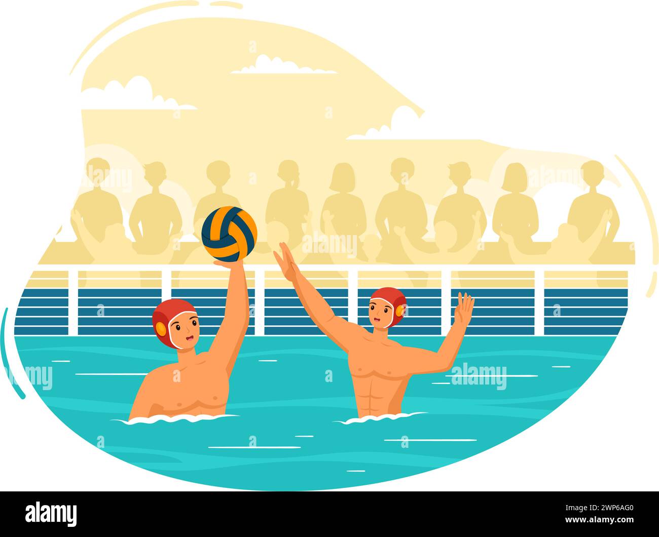 Illustrazione vettoriale sport-polo d'acqua con giocatore che gioca per lanciare la palla sul gol dell'avversario nella piscina sullo sfondo di un cartone animato piatto Illustrazione Vettoriale