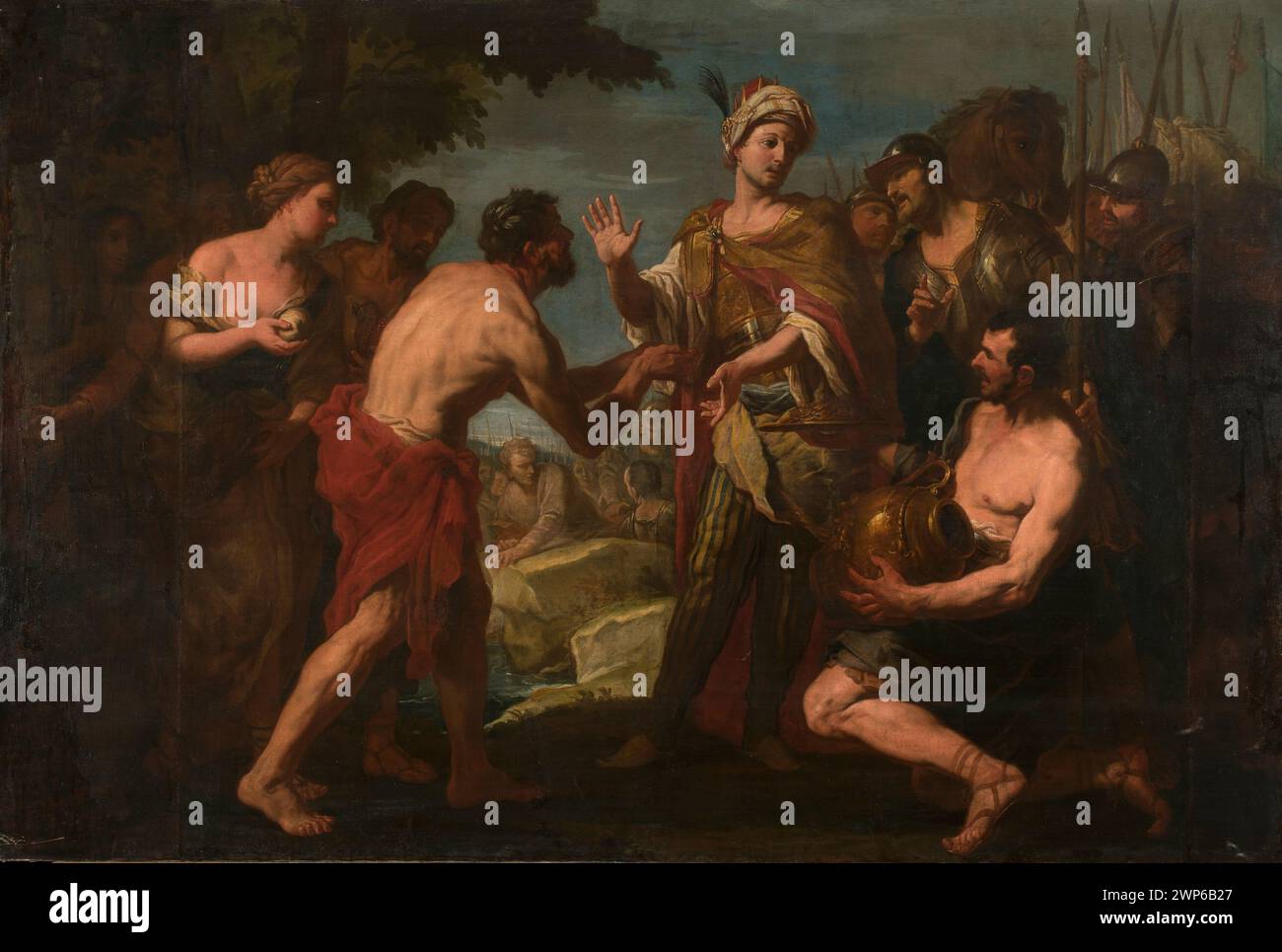 Pittura italiana raffigurante scene storiche a più figure con soldati che indossano l'armatura. Foto Stock